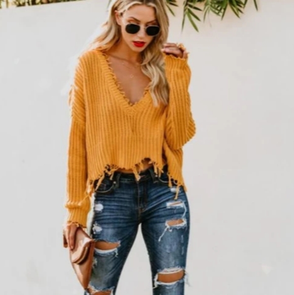Boho Beach Hut Sweaters - NWOT Boho Yellow Distressed Knit Crop Sweater XL